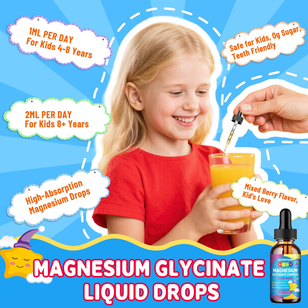 Kids Magnesium Glycinate Liquid Drops‌ – with L-Theanine, Omega-3, Vitamins B6 & D3, Zinc & Calcium – for Sleep Support, Relaxation, Focus & Brain, Bones – Mixed Berry Flavor, 2 Fl Oz
