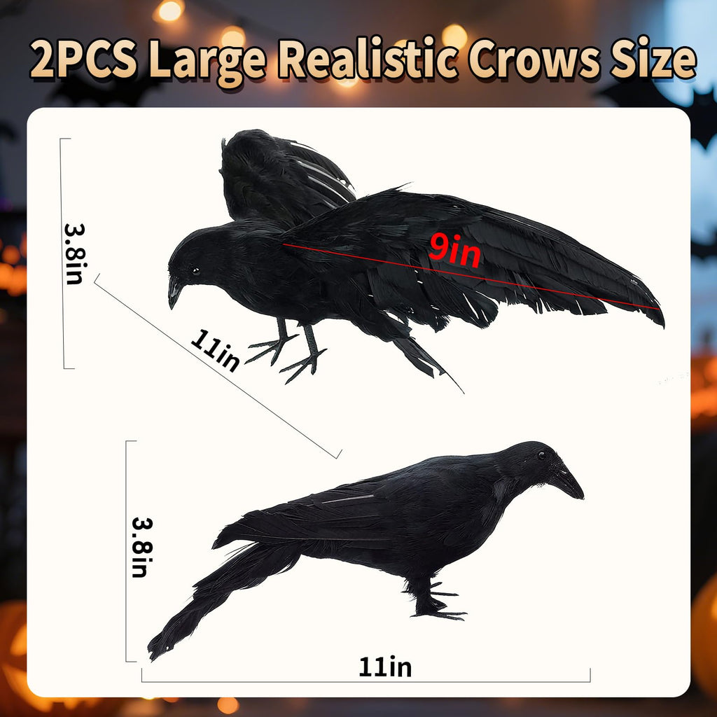 Black Fake Crows Halloween Decorations, 2 Pcs Large Realistic Feather Crows