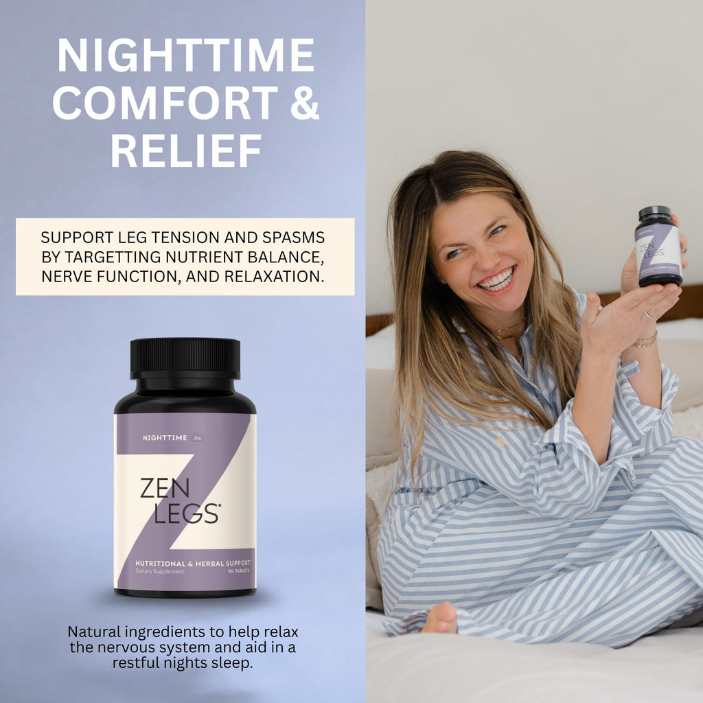 Zen Legs - Restless Limbs Support - Magnesium Glycinate, Turmeric, Valerian Root, Potassium, Black Pepper Root, L-Theanine, Vitamin D, Iron, B6, Zinc - Nighttime Muscle & Nerve Comfort - 90 Tablets