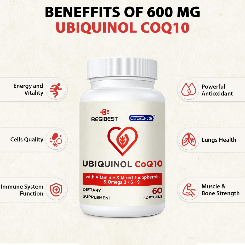 Besibest Ubiquinol CoQ10-600mg-Softgel, Active Coq10 Ubiquinol Supplement with Vitamin E & Omega 3, 6, 9, High Absorption-Coenzyme-Q10, Powerful Antioxidant for Energy Production, Tested, 60 Count