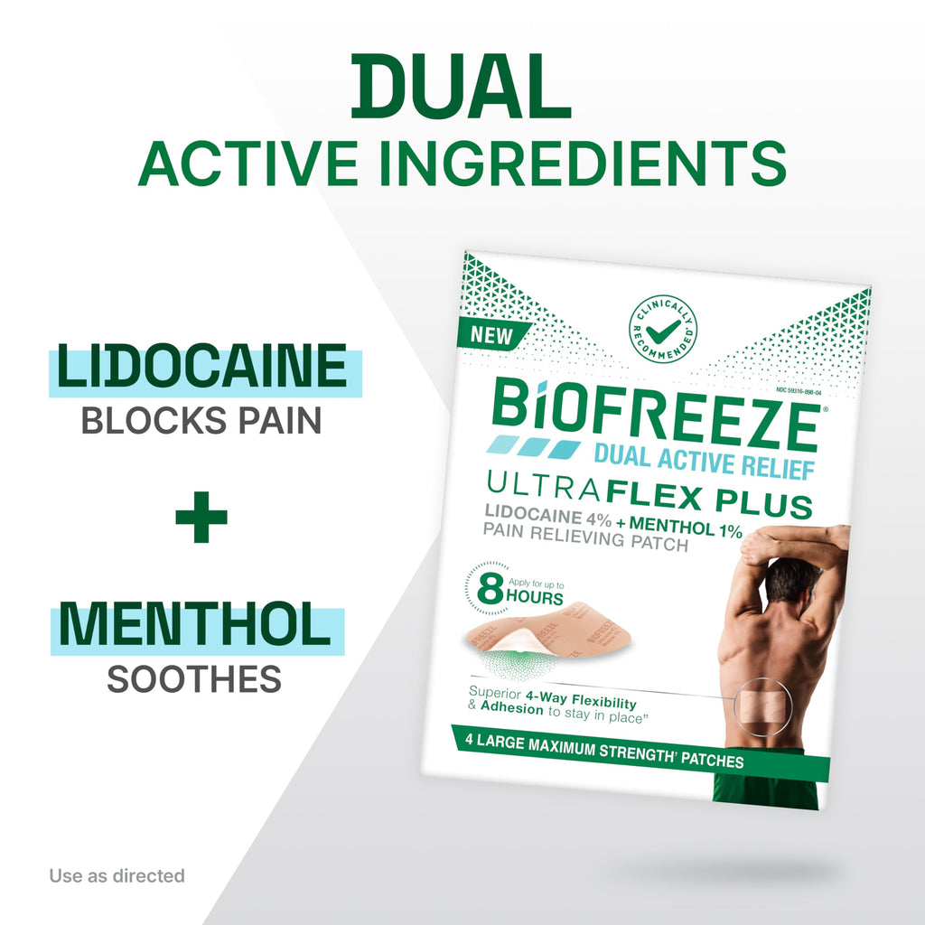 Biofreeze Ultraflex Maximum Strength 4% Lidocaine + 1% Menthol Patches, Non-Menthol, Flexible Pain Relief Patch for Lower Back, Neck, Knee, Shoulder, 4 Large Pain Patches (2 Pack)