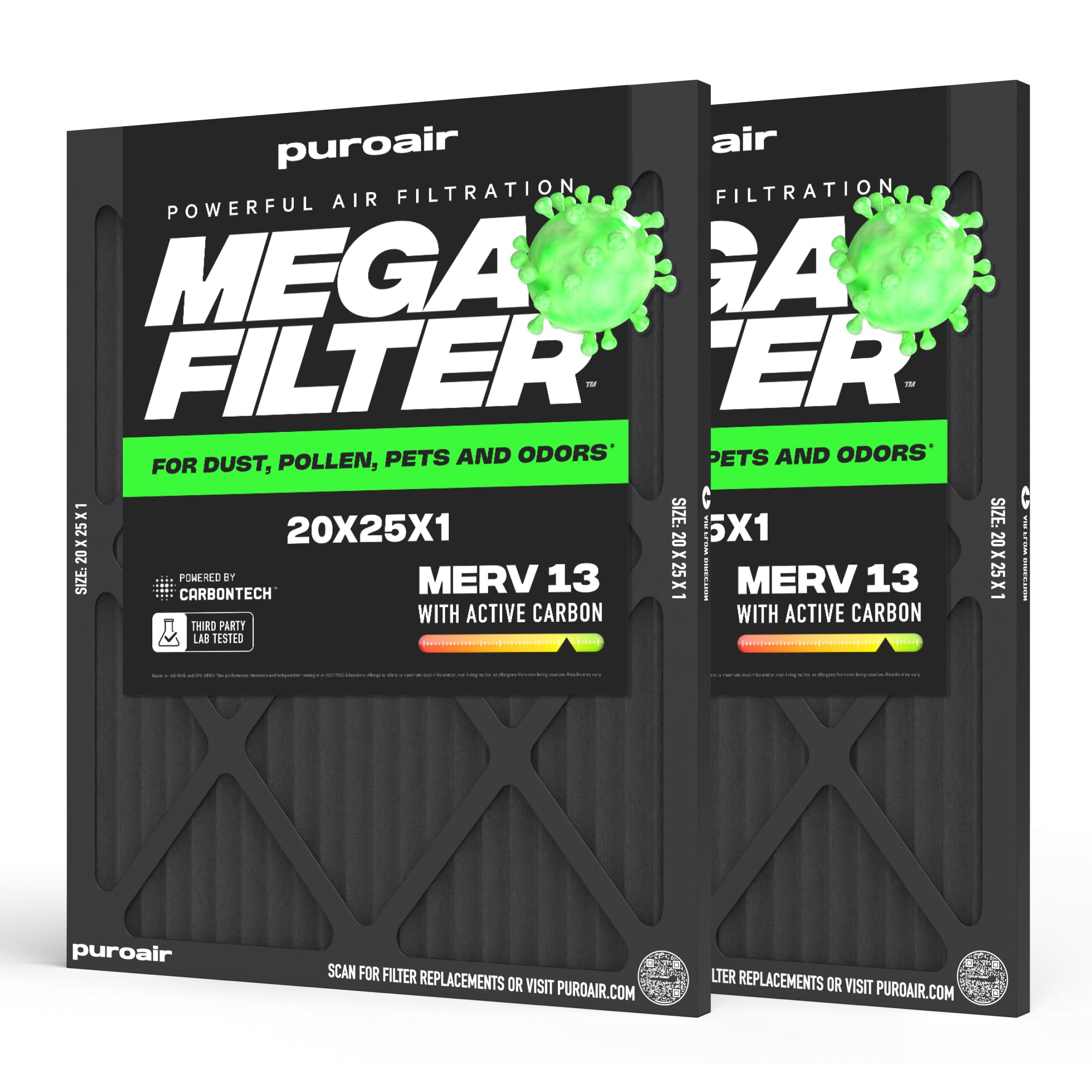 PuroAir MegaFilter - 20x25x1 Air Filter MERV 13 Activated CarbonTech Defense - Heavy Duty 3 Layer Furnace Filters Allergens, Pollen, Dust, Pet Dander, Smoke, Odors - HVAC Air Filter 20x25x1 (2-Pack)