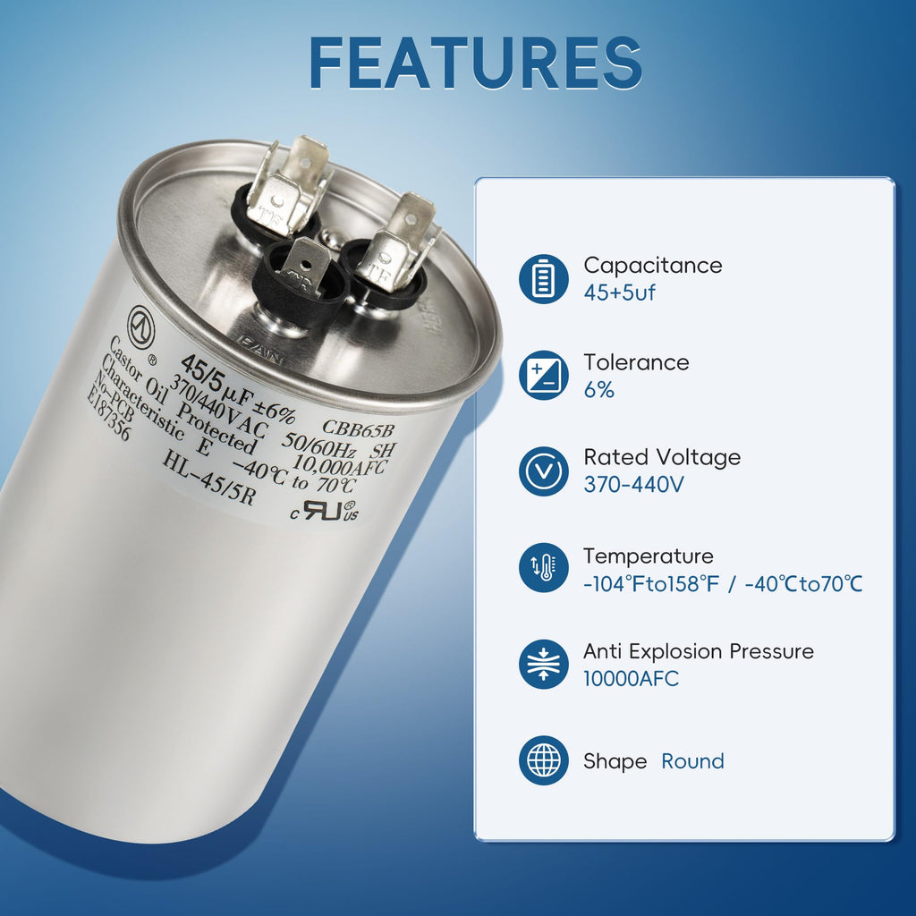 QYCKFIXR AC Capacitor 45+5 uF 45/5 MFD ±6% 370V/440VAC CBB65 Dual Run Circular Start Capacitor for Heat Pump Air Conditioner，Ten Years of Coverage