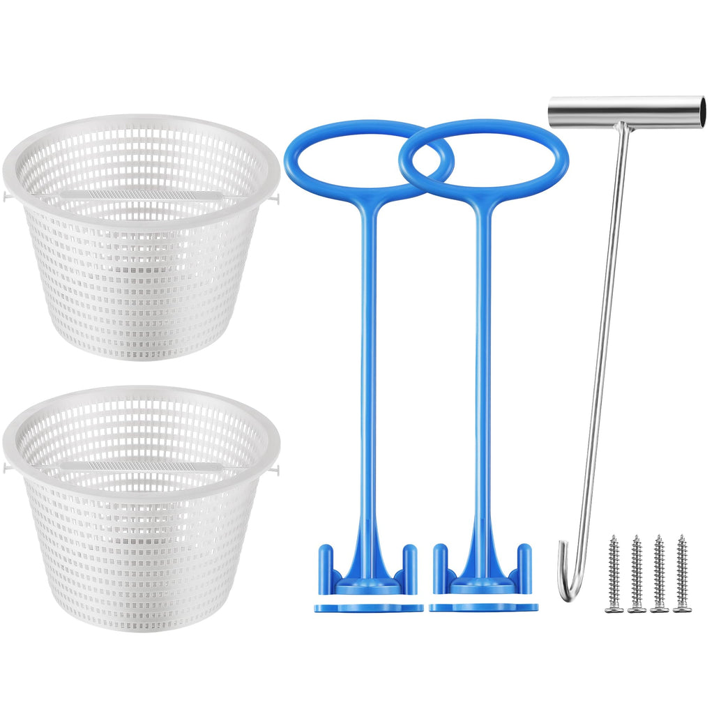 Saillong 2 8" Pool Skimmer Basket for Inground Pool & 2 Skimmer Basket Handle & 1 Stainless Steel Hook, Universal Pools Skimmers Baskets Replacement for Debris Removal, Keep Hands Clean(Blue, White)