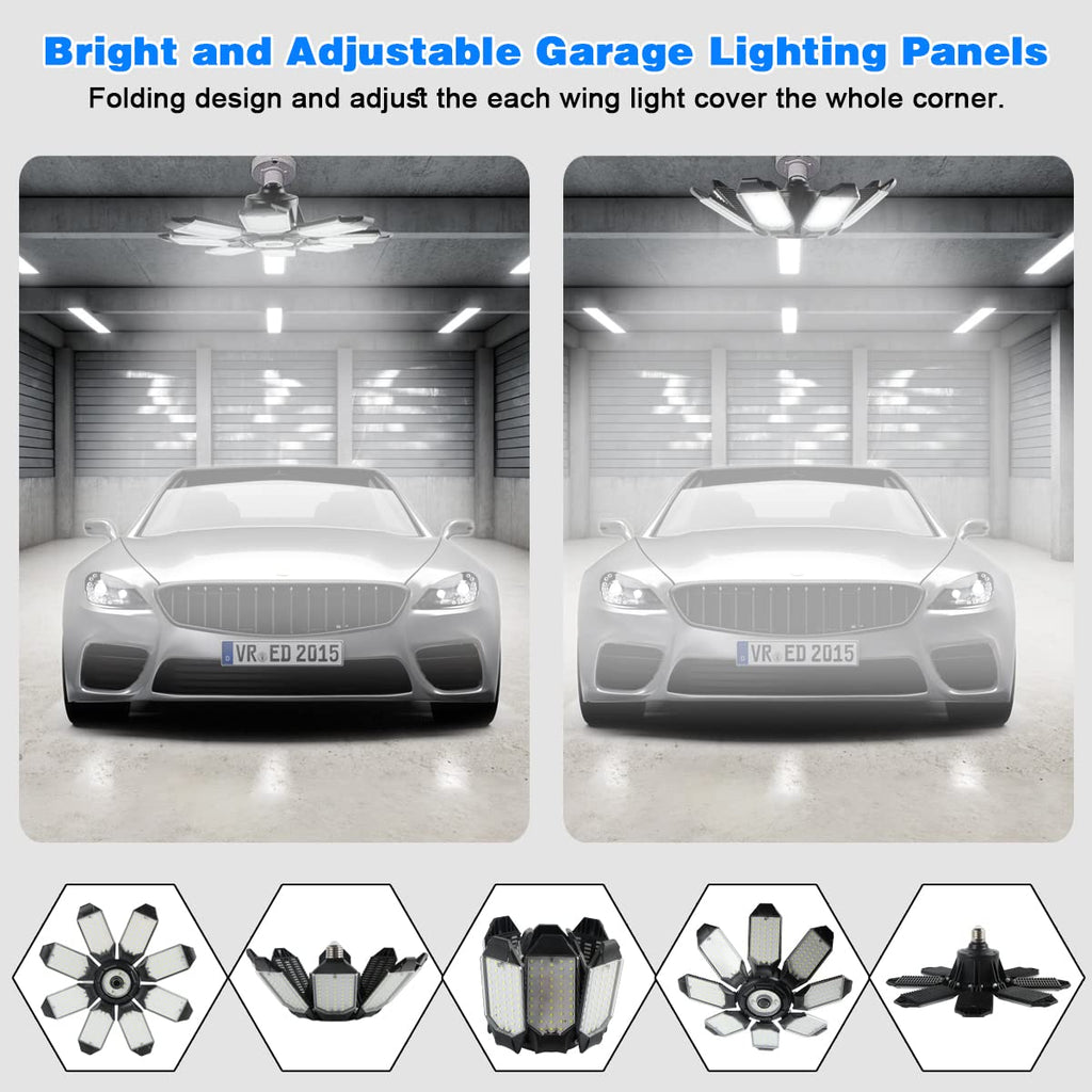 POLARPRA Led Garage Light - 20000LM Super Bright 6500K Garage Lights Ceiling Led w/ 8 Adjustable Panels Garage Shop Light Compatible for E26/E27 Socket Applicable for Workshop Barn Warehouse Attic