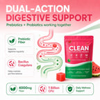 Clean Prebiotic Fiber Gummies for Men, Watermelon Flavor, Sugar-Free Pre+Probiotic Fiber Gummies, Supports Complete Clean, Digestive & Gut Health, Gluten Free, Gelatin Free, 60 Count