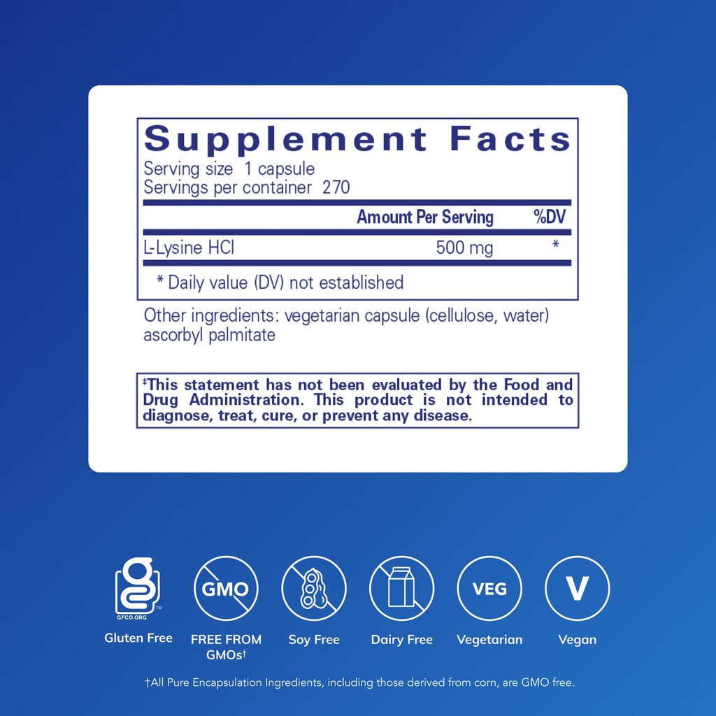 Pure Encapsulations L-Lysine - Essential Amino Acid Supplement for Immune Support & Gum, Lip Health* - with L-Lysine HCl - 270 Capsules
