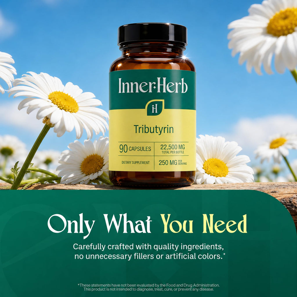 InnerHerb Tributyrin 250mg Supplement | Single Ingredient Tributyrin | 90 Vegan Capsules | Clean Label | Unflavored | 1 Capsule Daily | 90-Day Supply