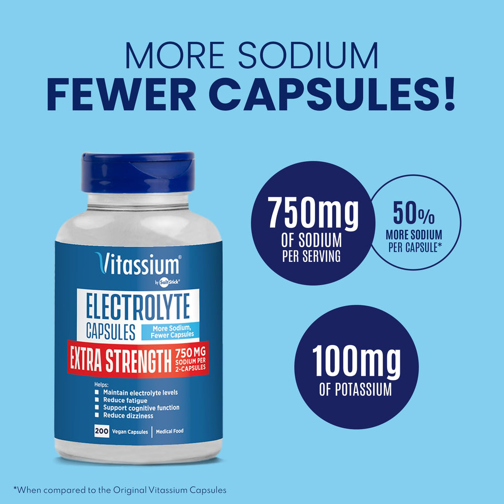 Vitassium Extra Strength Electrolyte Capsules - 750mg of Sodium for The Management of POTS and High Sodium Diets, Unflavored - 200 Salt Pills (Size 00)