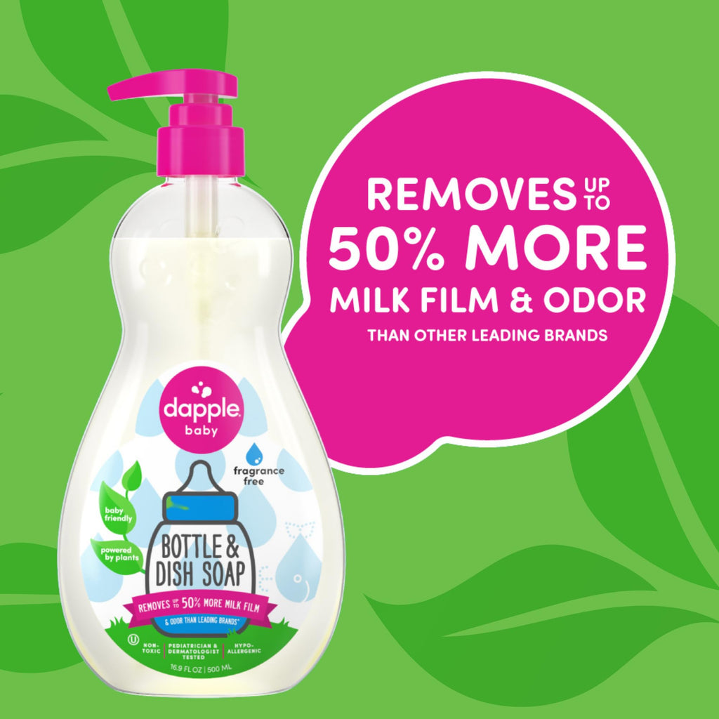 Dapple Baby Fragrance Free Bottle & Dish Soap - (3 Pack) 16.9 fl oz - Cleans Baby Bottles, Sippy Cups, Pacifiers, Breast Pumps, & More - Gently Removes Milk Film & Odors - Includes 1 Pump