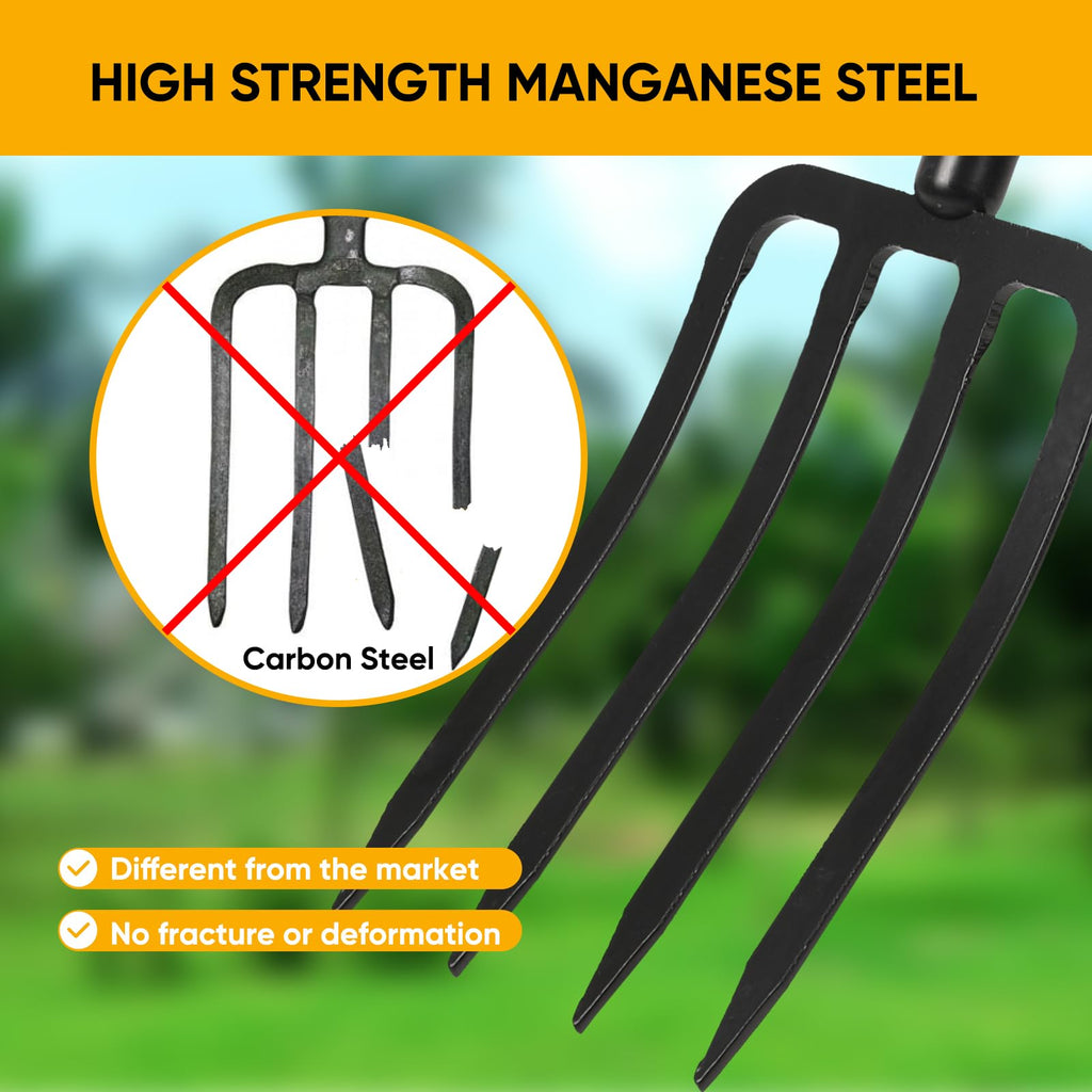 Garden Fork with Ergonomic Handle, Fiberglass Handle，4-Tine Pitchforks for Gardening Digging Composting Spading.