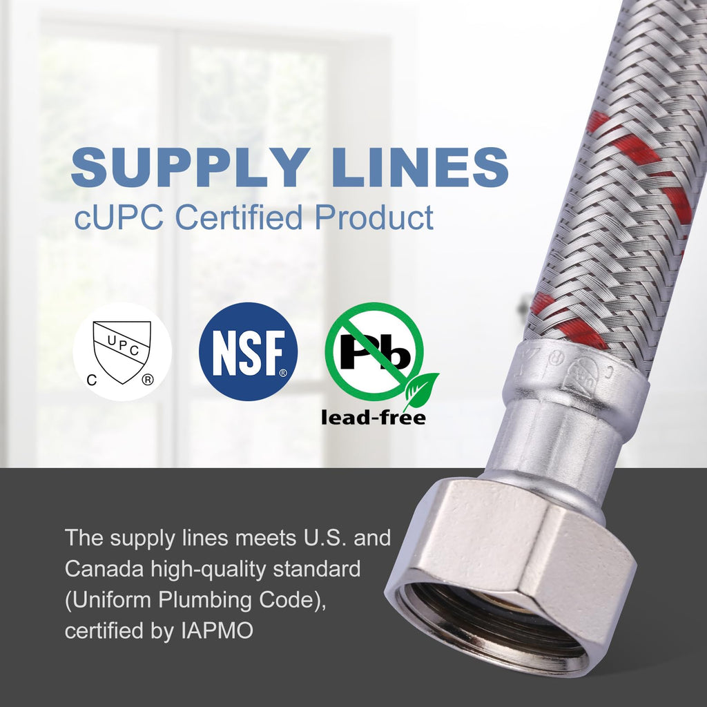 ARCORA 24-Inch Line Connects Kitchen Sink to Water Supply, Braided Stainless Steel cUPC Supply Lines 1/2 Inch FIP x 1/2 Inch FIP Sink Hose Attachment for Faucet 1 Pair