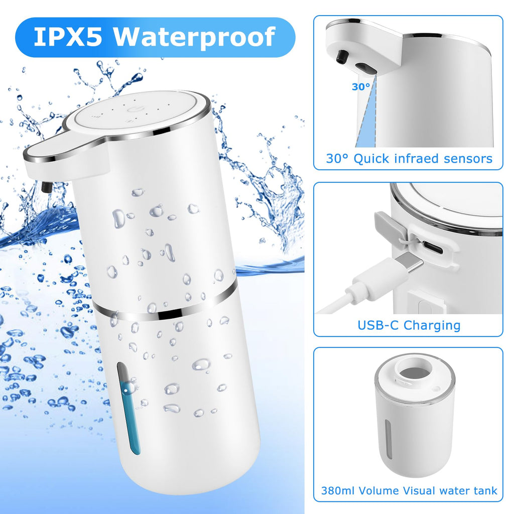 Automatic Soap Dispenser Touchless,Liquid Soap Dispenser with 4 Adjustable Levels,12.8oz USB Rechargeable and Wall Mounted,Smart Hand Soap Dispenser for Bathroom,Kitchen Sink,Dish Soap