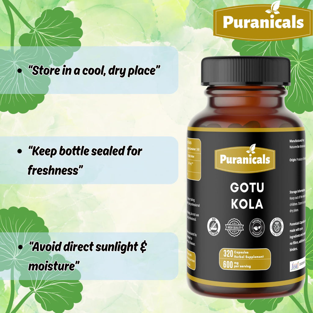 Puranicals Gotu Kola Premium 320 Capsules Non GMO and Gluten Free | Herbal Supplement | 600 mg Per Serving | Made with 100% Pure Gotu Kola Powder