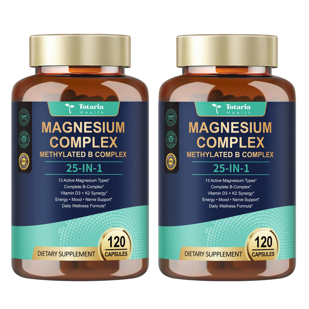 25-in-1 Magnesium Complex with Methylated B Complex, 120 Vegan Capsules per Bottle, 2 Bottles