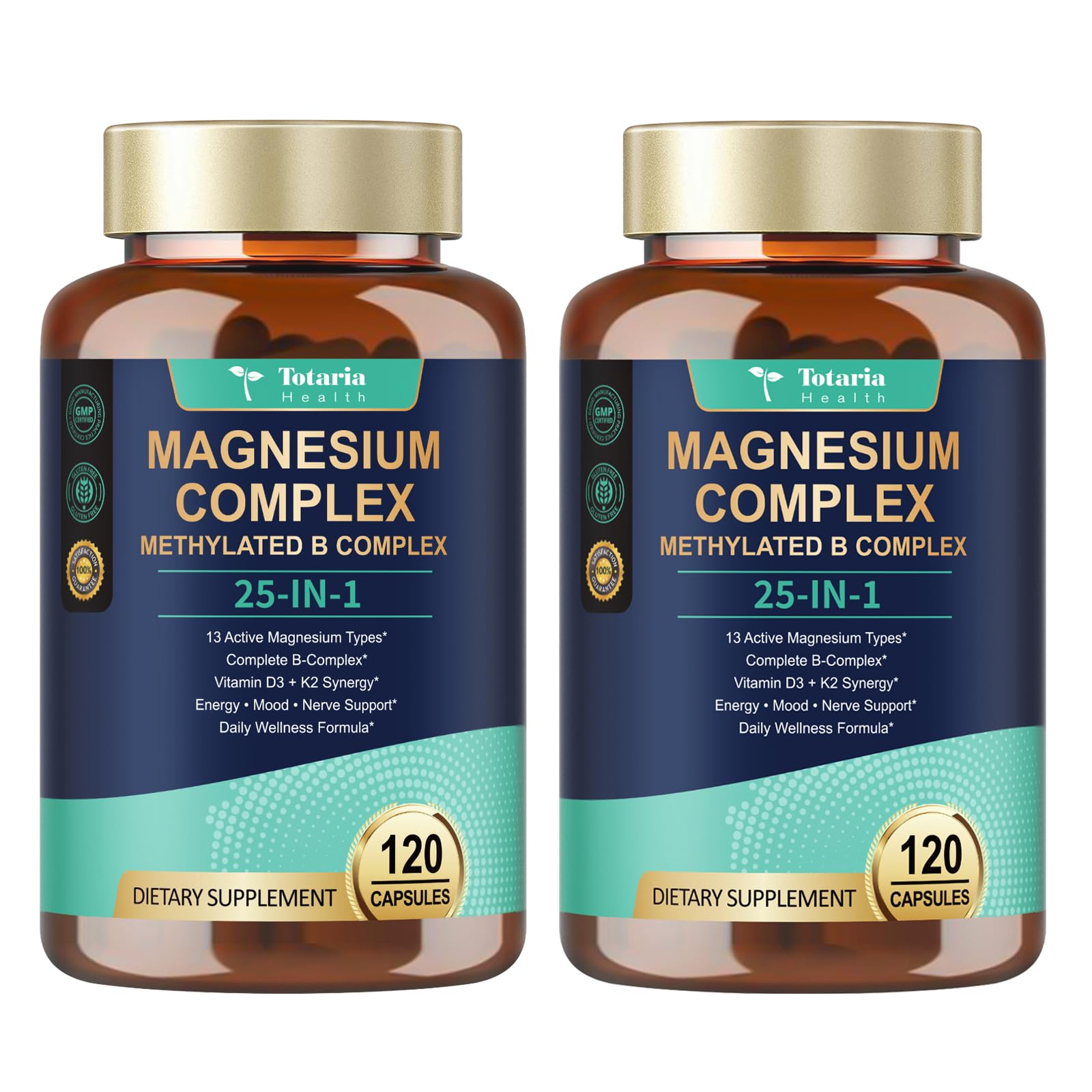 25-in-1 Magnesium Complex with Methylated B Complex, 120 Vegan Capsules per Bottle, 2 Bottles