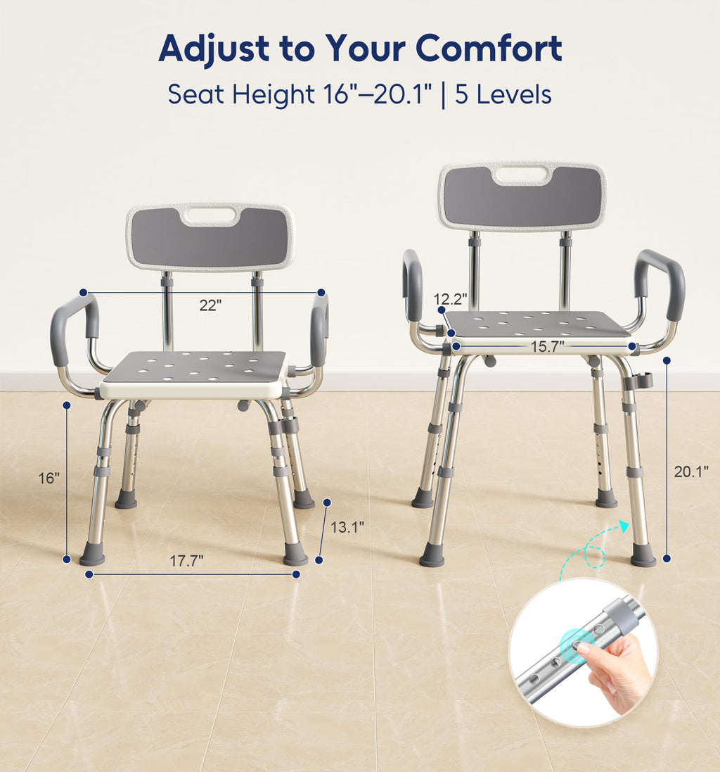 Bluelog Shower Chair for Inside Shower with Arms and Back, 500lbs Capacity Height Adjustable Shower Seat with Thickened Frame for Seniors, Elderly and Disabled
