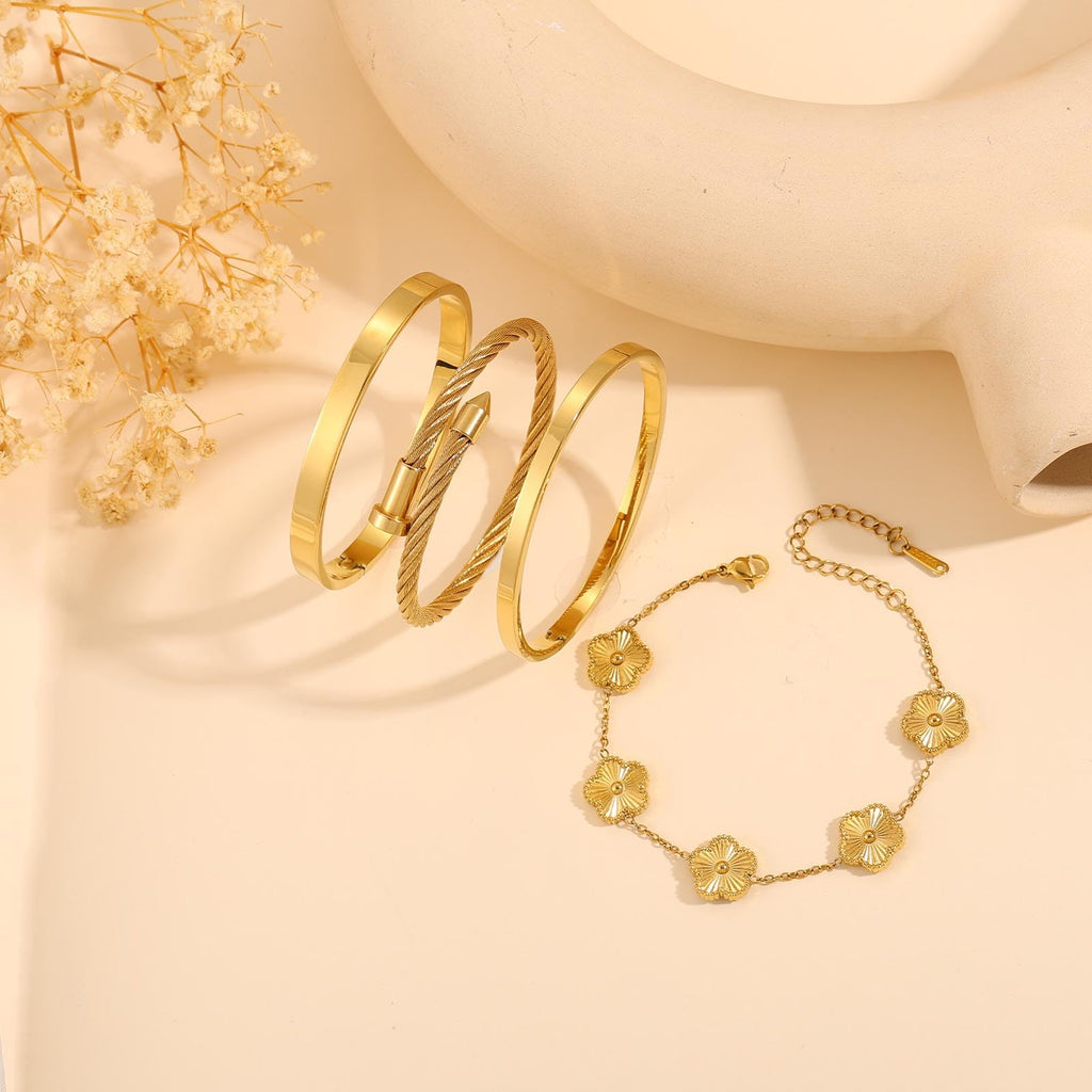 ISELBDR 18K Gold Bangle Bracelets for Women - Stackable Clover & Nail Love Bangle Set - Non-Tarnish Jewelry for Birthday Valentine's, Mother's Day & Christmas (Gold-A)
