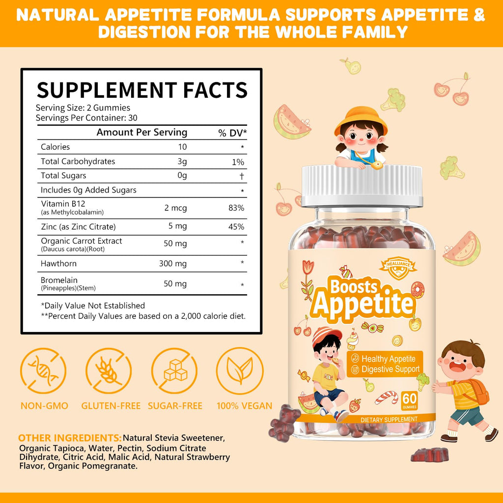 Appetite Booster Gummies for Kids Adults – Natural Blend of Hawthorn Zinc Carrot Supports Digestion Helps Increase Appetite, Promotes Healthy Eating Habits for Picky Eaters (Mixed Fruit Flavor)