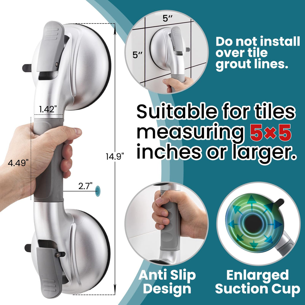 TAILI Grab Bars for Bathtubs and Showers,2 Pack Shower Handles for Elderly Suction,Maximum 330lbs,Shower Bar with Upgraded Rubber Suction Cups,Safety Grip for Senior, No Drilling Removable,Silver