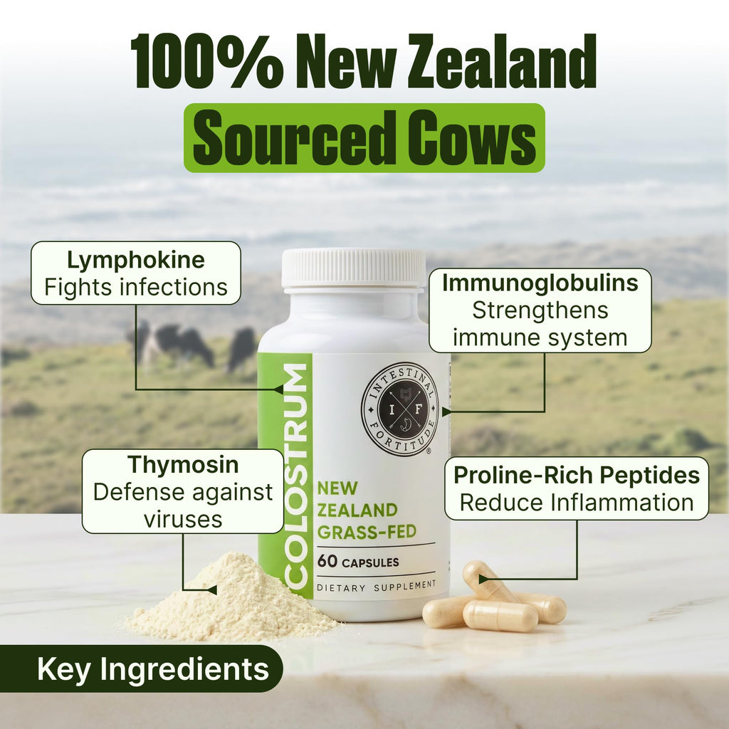 Intestinal Fortitude 100% Grass Fed New Zealand Cows Colostrum Capsules, Grassfed, Hormone Free, GMO Free, Optimal Gut Health and Immune System Support, Leaky Gut, IBD, 500 mg Capsules, 60 CT