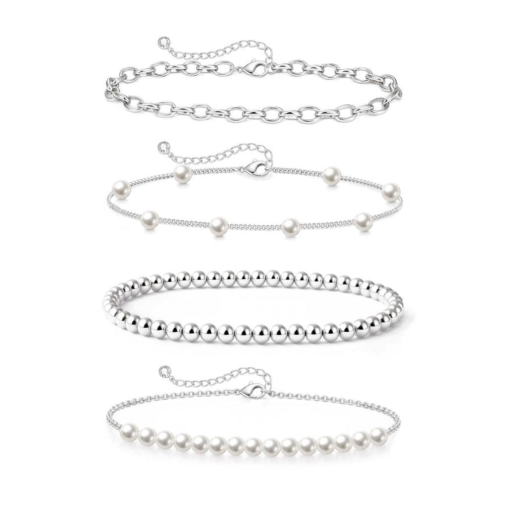 Zeffy Pearl Bracelets for Women, Silver Pearl Beaded Stackable Bracelets Charm Dainty Pearls Bracelet Stack Paperclip Link Chain Layered Bracelet Trendy Silver Bridesmaid Jewelry Set for Women