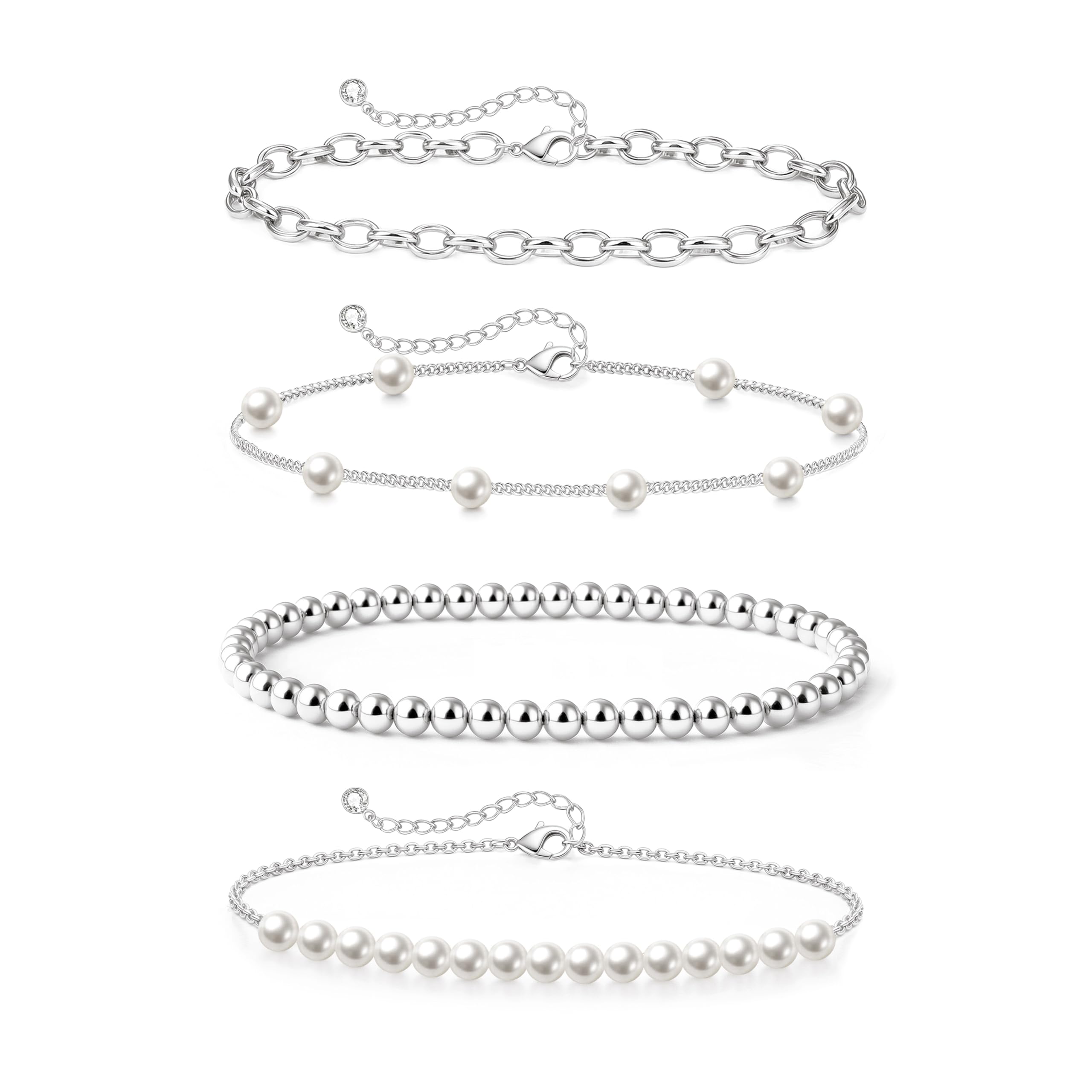 Zeffy Pearl Bracelets for Women, Silver Pearl Beaded Stackable Bracelets Charm Dainty Pearls Bracelet Stack Paperclip Link Chain Layered Bracelet Trendy Silver Bridesmaid Jewelry Set for Women