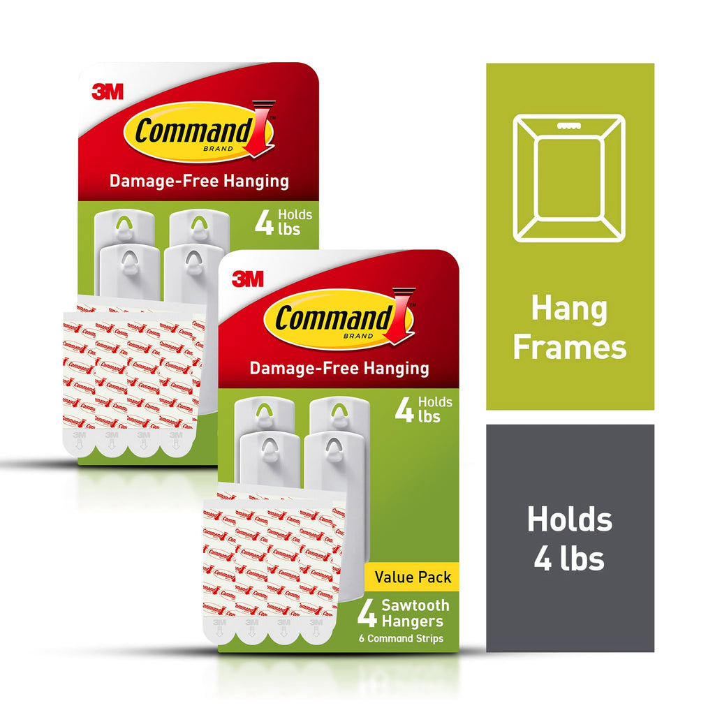 Command Sawtooth Picture Hangers, Damage Free Hanging Frame Hangers, No Tools Wall Hooks for Hanging Sawtooth Frames in Living Spaces, 8 White Picture Frame Hangers and 16 Command Strips