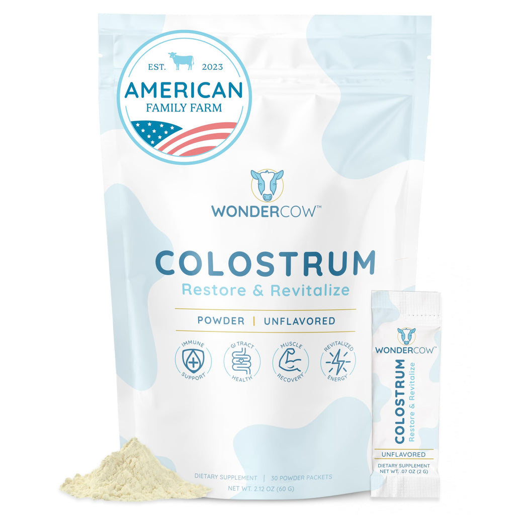 WONDERCOW Colostrum Supplement Powder for Gut Health, Immune Support & Wellness | Natural IgG Pure Whole Bovine Colostrum Superfood, Unflavored, 30 Servings