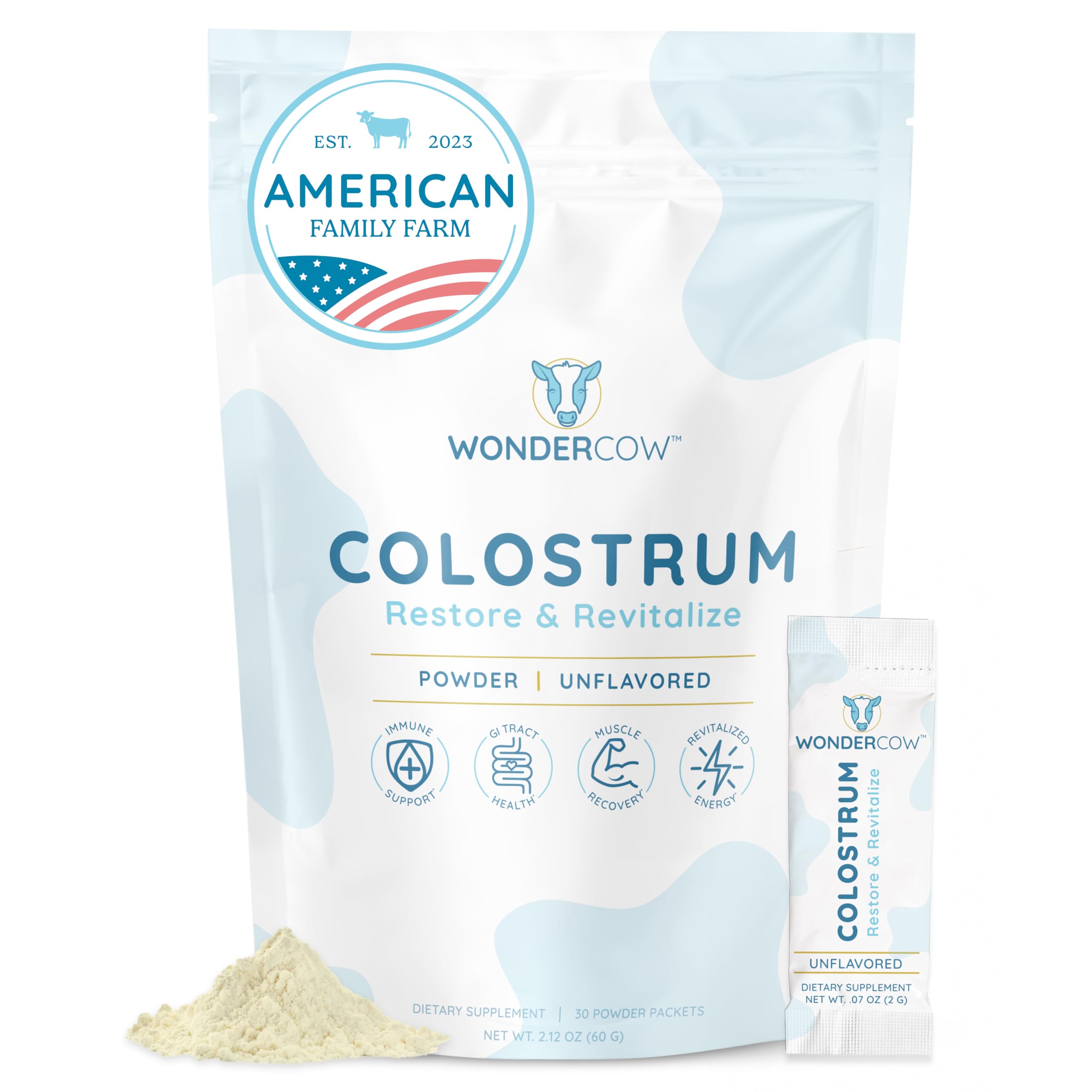 WONDERCOW Colostrum Supplement Powder for Gut Health, Immune Support & Wellness | Natural IgG Pure Whole Bovine Colostrum Superfood, Unflavored, 30 Servings