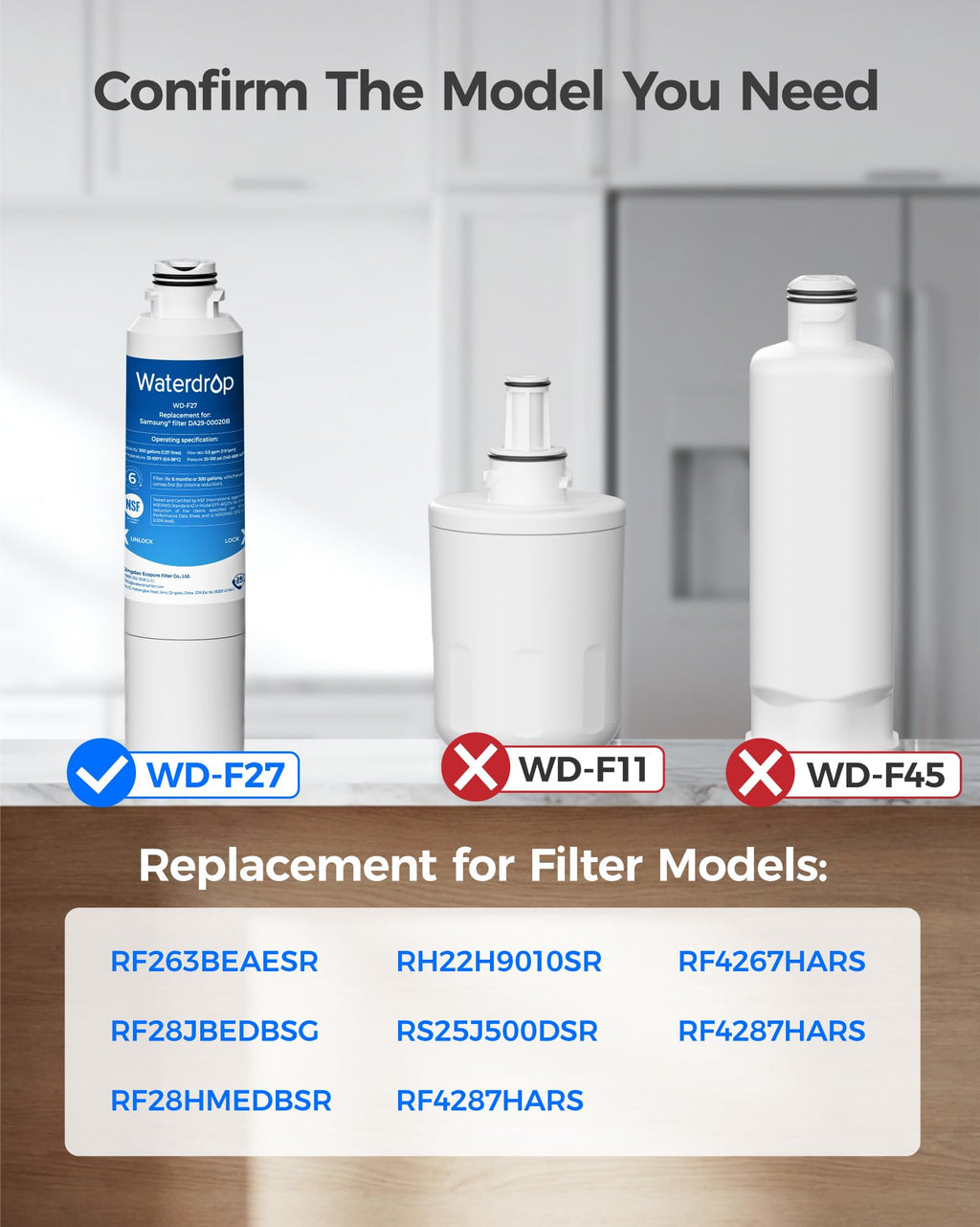 Waterdrop WD-F27 Replacement for Samsung® Refrigerator Water Filter HAF-CIN/EXP, DA29-00020B, HAF-CIN, RF28HMEDBSR, RF263BEAESR, RS25J500DSR, RF263TEAESG, HDX FMS-2, DA97-08006A-1, 3 Pack