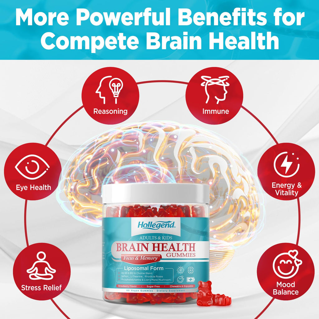 HOLLEGEND Brain Supplement Gummies, Choline + Phosphatidylserine + Lion’s Mane & Vitamins,16-in-1 Brain Supplement for Memory and Focus Support, Adults & Kids, Vegan, Sugar Free, Organic, 60 Chewables