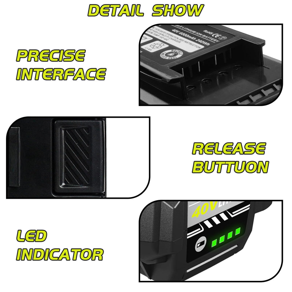 1 Pack 6000mAh High Capacity Replacement for Ryobi 40V Battery 6.0Ah Compatible with Ryobi 40 Volt Lithium Battery OP4026 OP40601 OP4050A OP4040 OP4030 OP4050 Compatible with 40V Cordless Tool(Green)