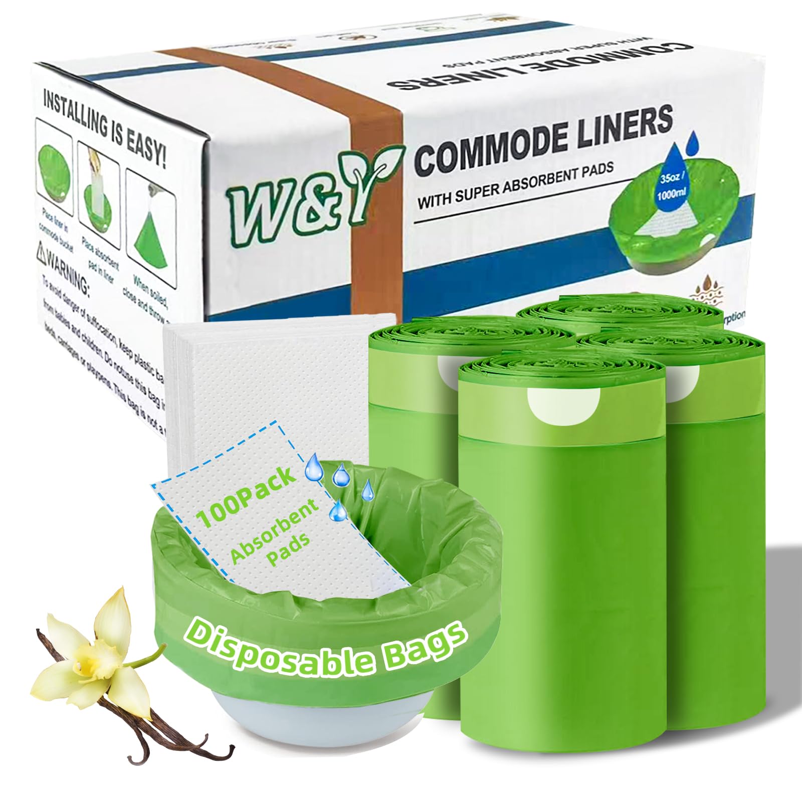 W&Y 100 Pack Commode Liners with Super Absorbent Pads, Universal Fit All Standard Toilet Chair Bucket，Vanilla-Scented Portable Sanitary Bag for Adult Toilets and Camping Toilets（100 Bags+100Pads）