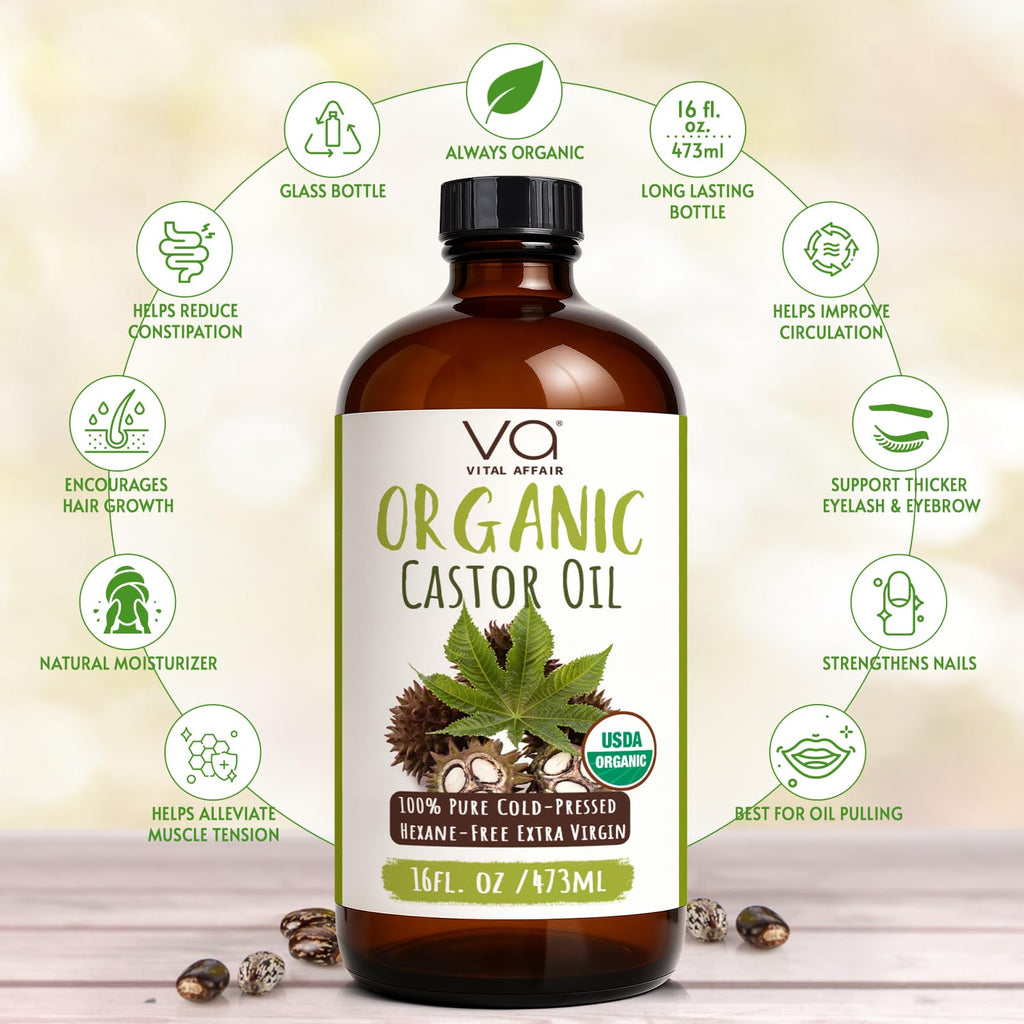 VITAL AFFAIR Castor Oil Cold Pressed Pure Glass Bottle Castor Oil with Flannel 100% Cotton Organic Castor Oil Packaging