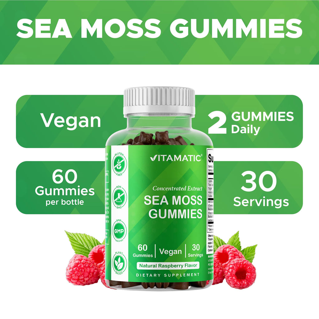Vitamatic Irish Sea Moss Gummies with Bladderwrack & Burdock Root – Botanical Extract Supplement – Vegan, Non-GMO – 60 Count - 2 Pack (120 Count)