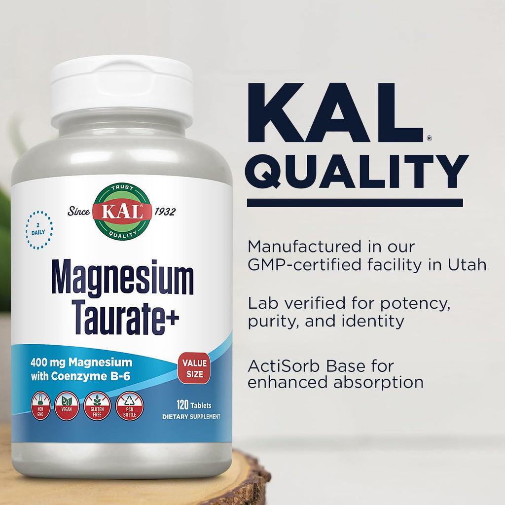 KAL Magnesium Taurate 400mg Plus Vitamin B6, Chelated Magnesium Supplement, High Absorption Magnesium Complex, Muscle and Heart Health Support, Vegan, Gluten Free, 60-Day Guarantee, 60 Serv, 120 Tabs
