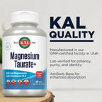 KAL Magnesium Taurate 400mg Plus Vitamin B6, Chelated Magnesium Supplement, High Absorption Magnesium Complex, Muscle and Heart Health Support, Vegan, Gluten Free, 60-Day Guarantee, 60 Serv, 120 Tabs