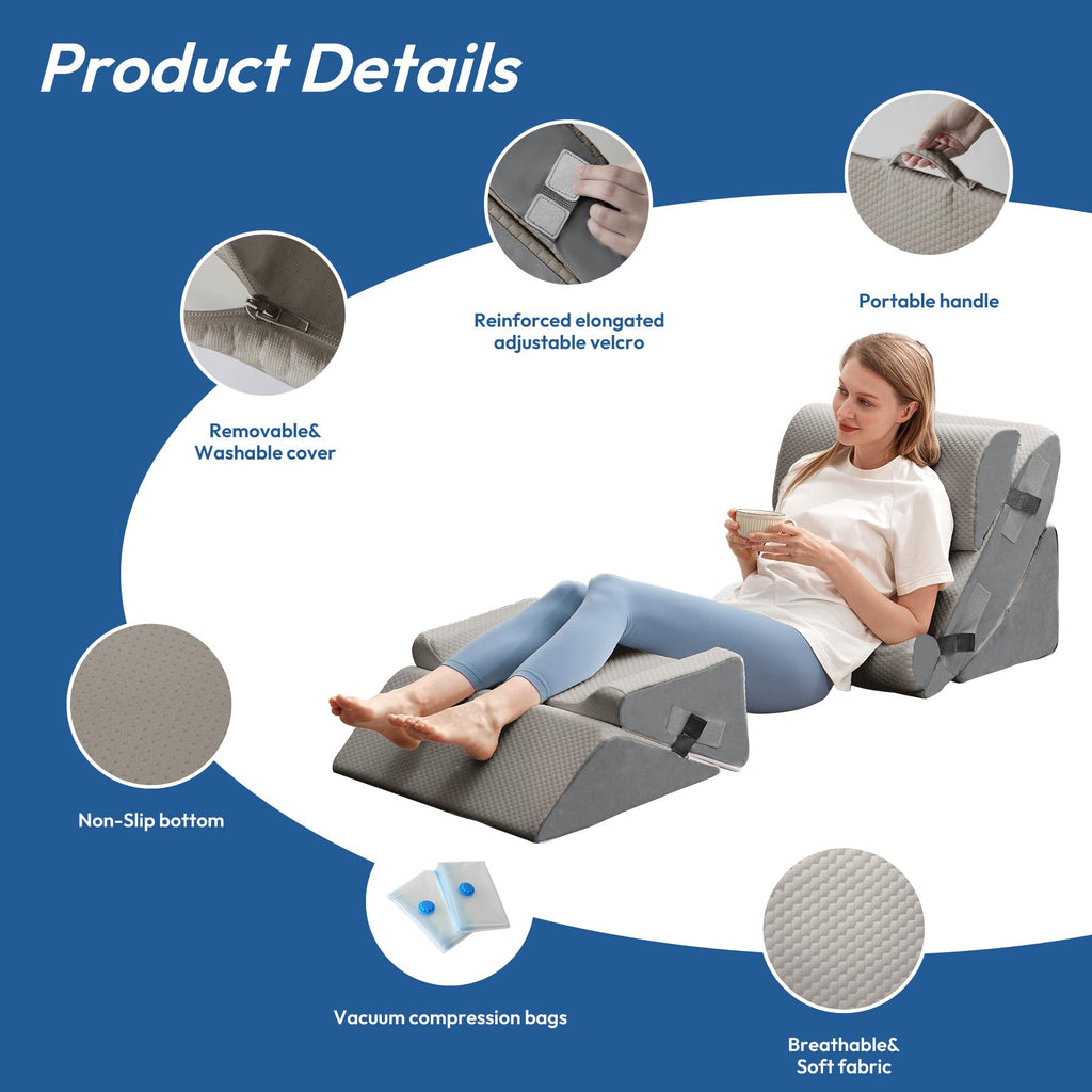 Ahpmeoa 6PCS Wedge Pillow Set for After Surgery, Back Pillow for Bed Sitting Up, Orthopedic Bed Wedge for Body, Leg Pain Relief, Memory Foam Pillow for Post Surgery, Sleeping, Acid Reflux, Gerd, Grey