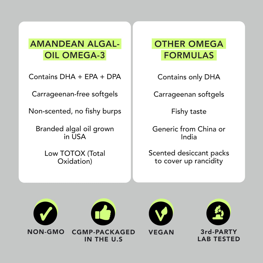 AMANDEAN Vegan Omega 3 Supplement. Premium Fish Oil Alternative. Algae DHA & EPA. Carrageenan Free Softgels. Algal Essential Fatty Acids. Plant Based Heart, Brain, Eye, Skin, Immune Support. (60ct)