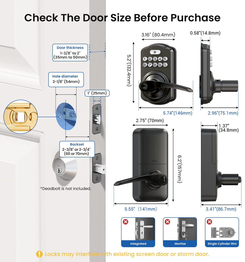 Veise Keypad Door Lock with Handle, Keyless Entry for Front Door & Bedroom, Electronic Lock with Code, Auto-Locking, Easy Installation, Passage Mode, Matte Black