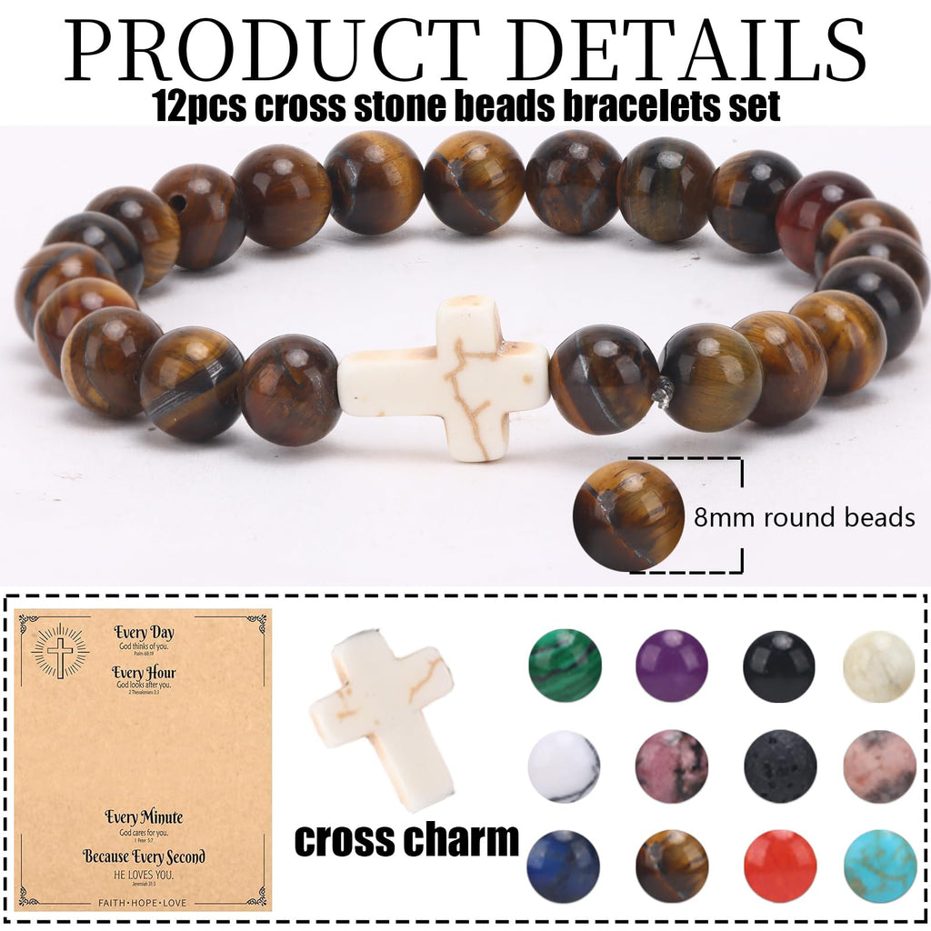 CASDAN 12Pcs 8mm Cross Beaded Bracelets for Women Men