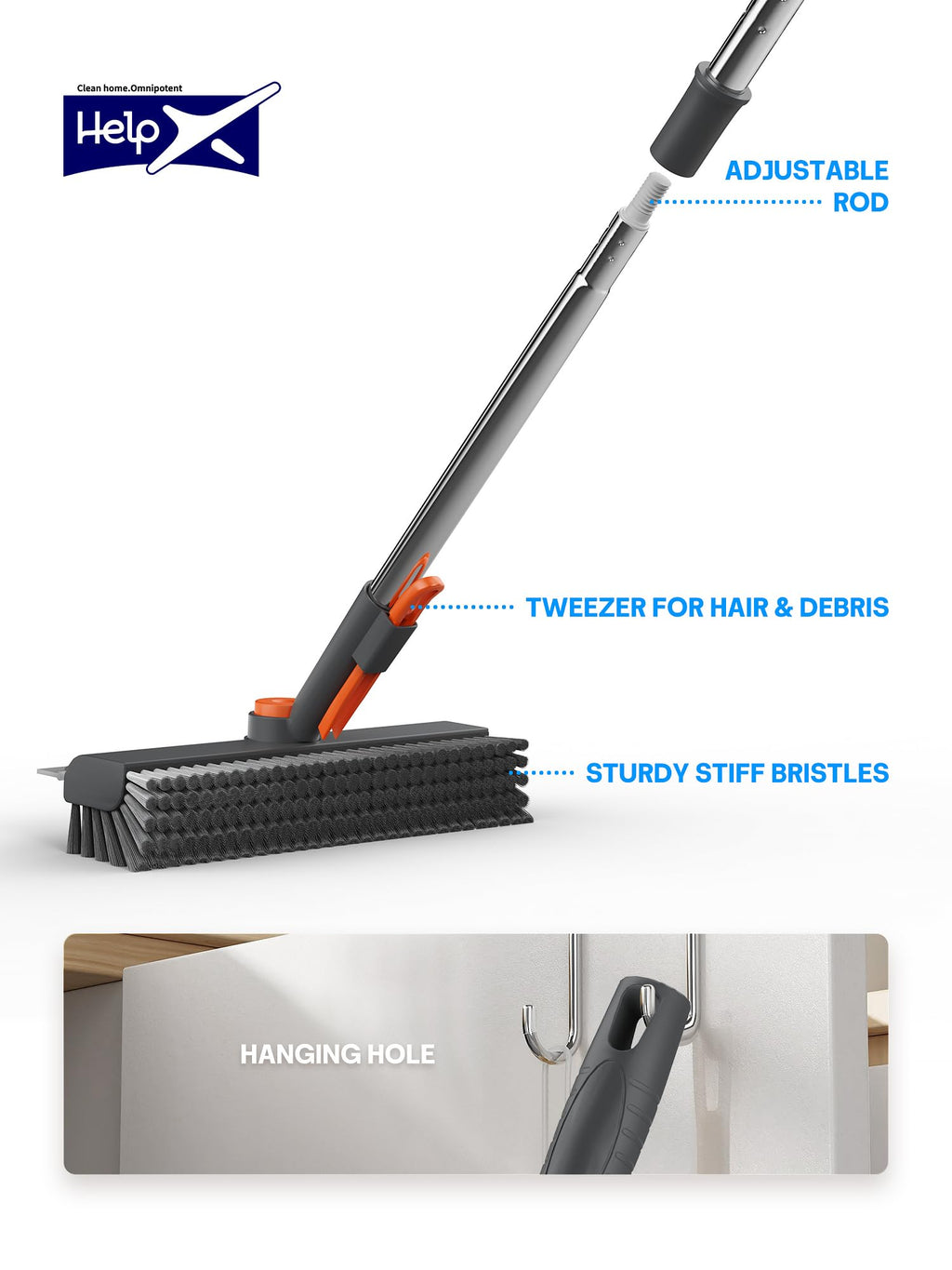 HelpX Floor Scrub Brush with Long Handle, 3 in 1 Multi-angle Swivel Right Angled Bristle Floor Scrubber Brush with Squeegee and Tweezer for Cleaning Tile Wall Deck Bathroom Patio Garage Kitchen (Grey)