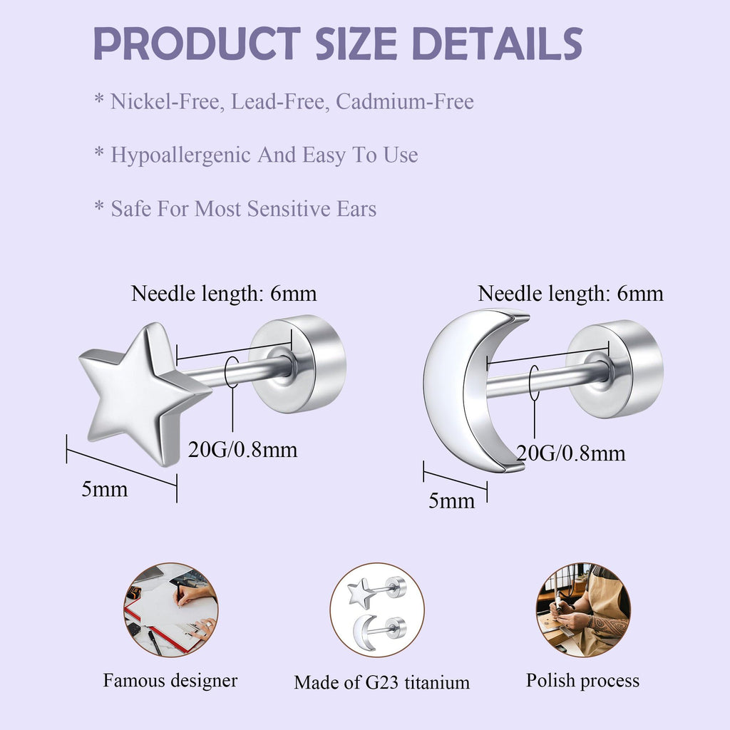 FACOKO 2 Pairs Flat Back Earrings for Women, Silver Star and Moon Earring, Titanium Screwback Studs, Hypoallergenic Silver Cartilage Stud for Sensitive Ears