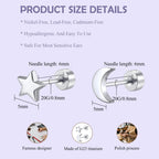 FACOKO 2 Pairs Flat Back Earrings for Women, Silver Star and Moon Earring, Titanium Screwback Studs, Hypoallergenic Silver Cartilage Stud for Sensitive Ears