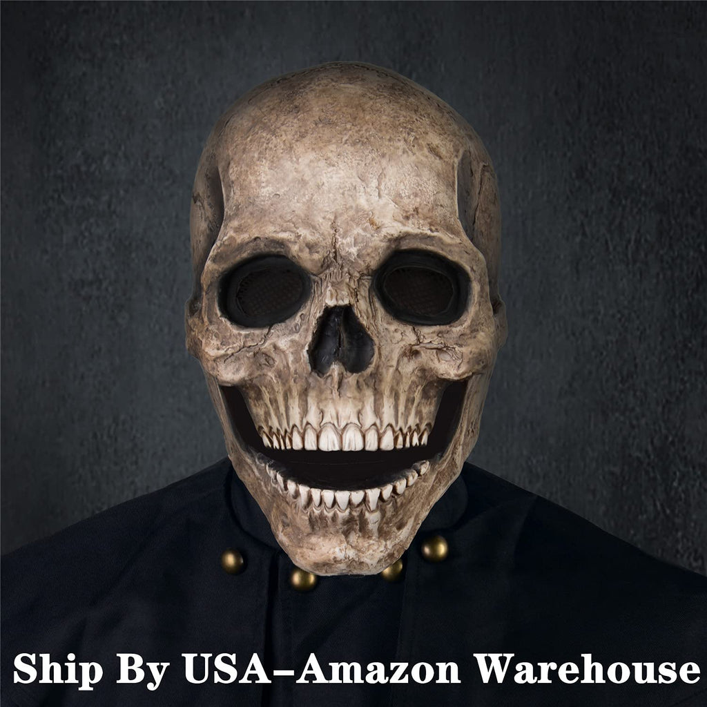 RRANYF Creepy Halloween Full Head Skull Mask with Movable Jaw, Adult Entire Head Realistic Latex Helmet, Scary Skeleton Headgear (Yellow Human Skull Costume Mask)