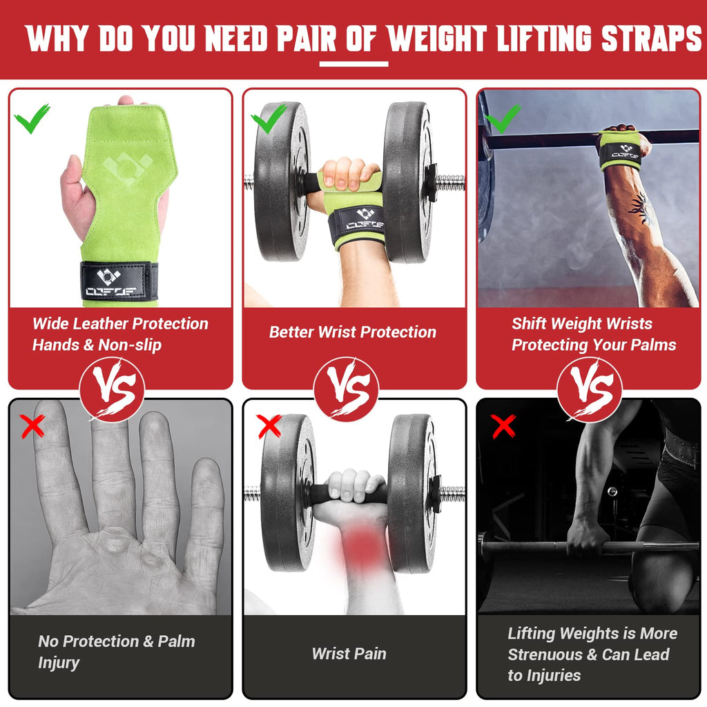COFOF Weight Lifting Wrist Strap,Double Layer Leather Weightlifting Wrist Strap for Deadlift and Powerlifting, Adjustable Neoprene Padded Gym Workout Lifting Wrist Hooks for Men/Women(Pair)