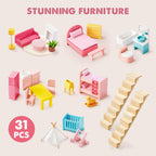 Tiny Land Wooden Dollhouse for Girls - 6 Rooms Wooden Doll House, DIY Pretend Doll House with 31Pcs Furniture Accessories, Creative Gift for Girl Ages 3+