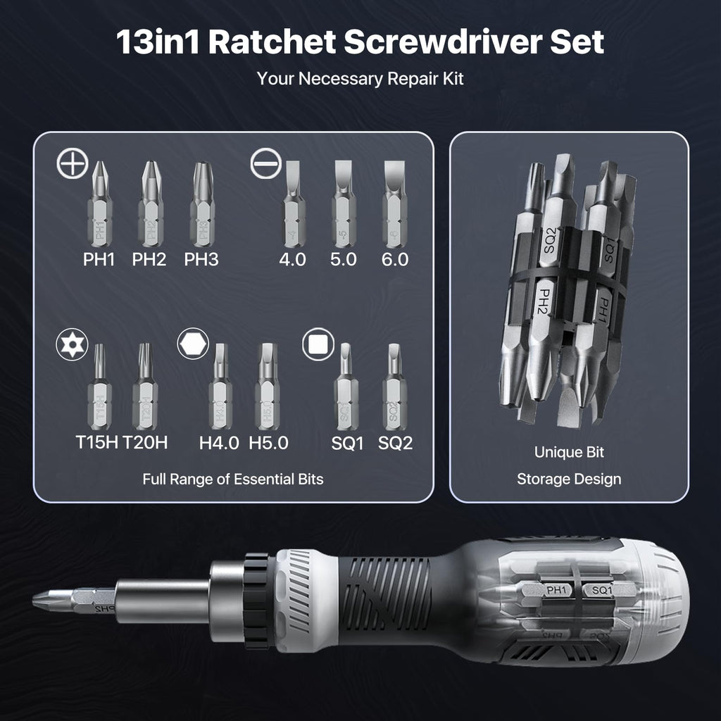 Wesdut 13-in-1 Ratchet Screwdriver Set Tool All in One, [Built to Last] Multi Screw Driver Set Kit, Flat Head, Philips, Torx, Hex, Square, Repair Kit, Man Gift Nut Driver