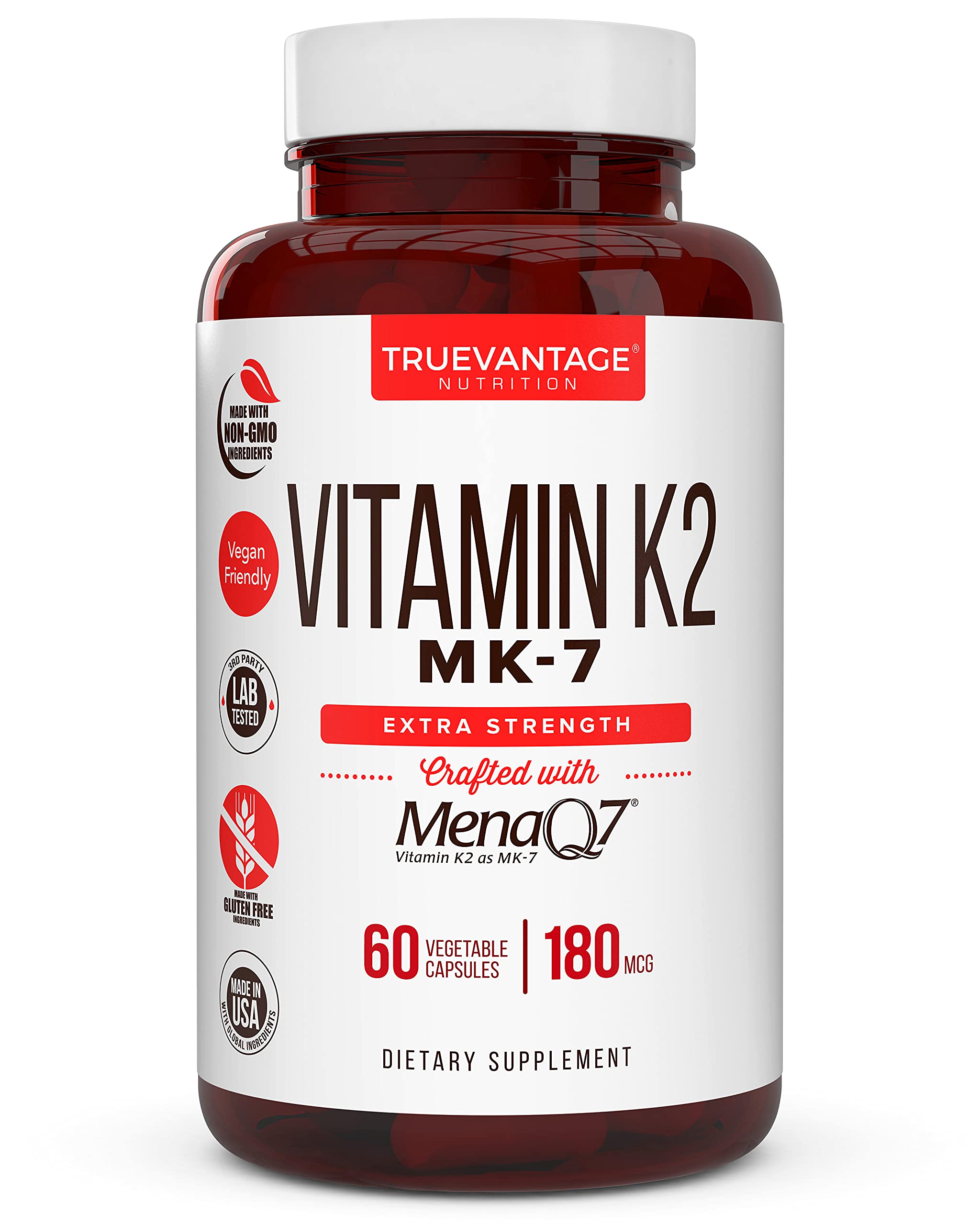 Vitamin k2 MK-7 Supplement 180mcg -Vitamin K2 Supports Bone & Heart Health for Cardiovascular Calcium Absorption from Arteries- 60 Easy to Swallow Vegetable caps of MenaQ7 K2 MK7